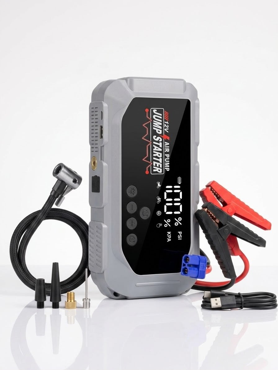 5-in-1 Portable Jump Starter, Air Compressor, Power Bank & LED Light