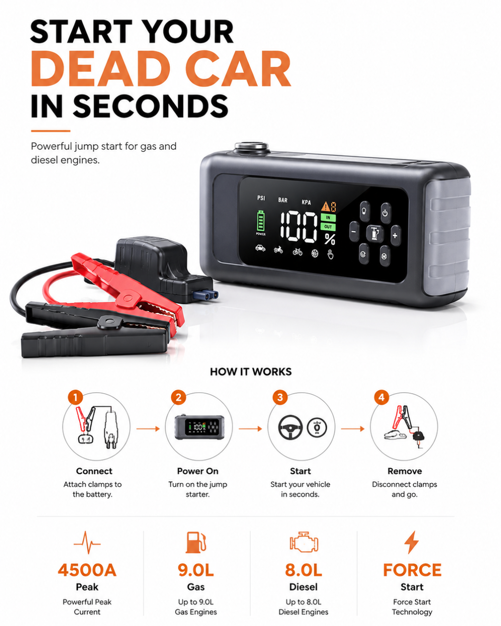 5-in-1 Portable Jump Starter, Air Compressor, Power Bank & LED Light