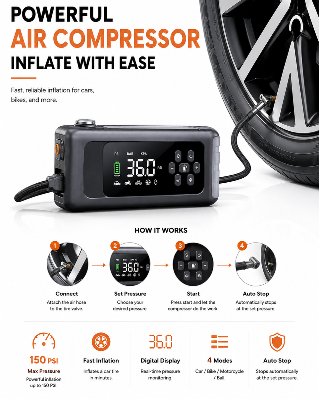 5-in-1 Portable Jump Starter, Air Compressor, Power Bank & LED Light