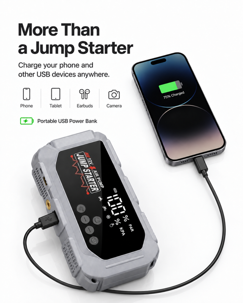 5-in-1 Portable Jump Starter, Air Compressor, Power Bank & LED Light