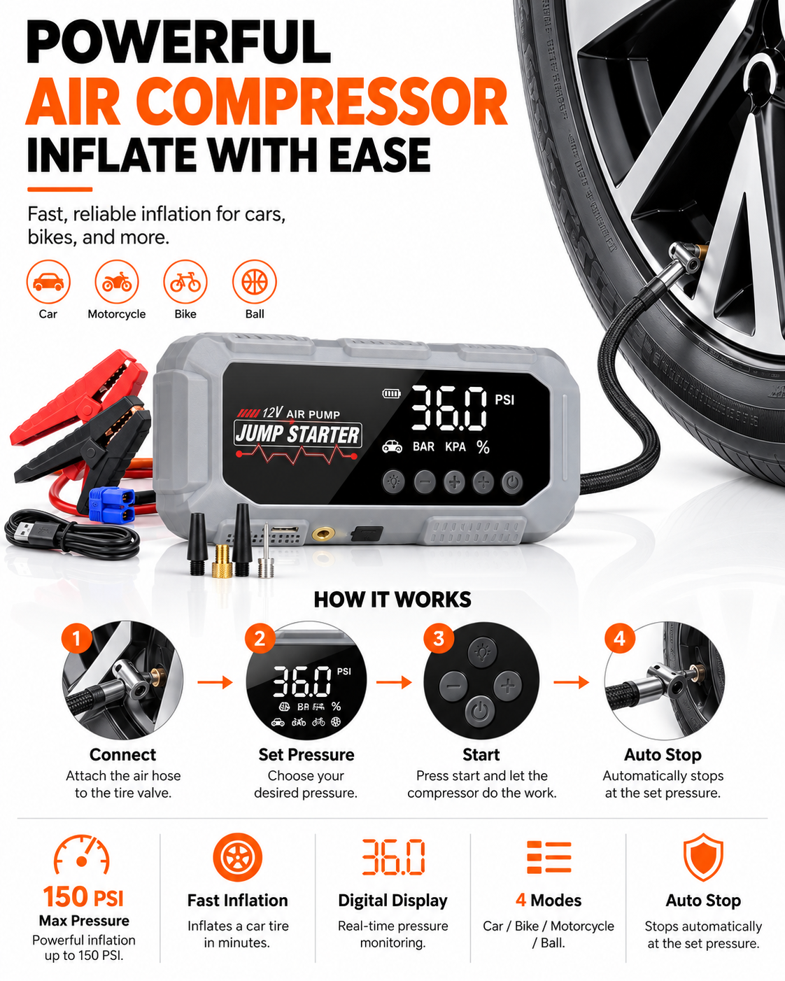 5-in-1 Portable Jump Starter, Air Compressor, Power Bank & LED Light