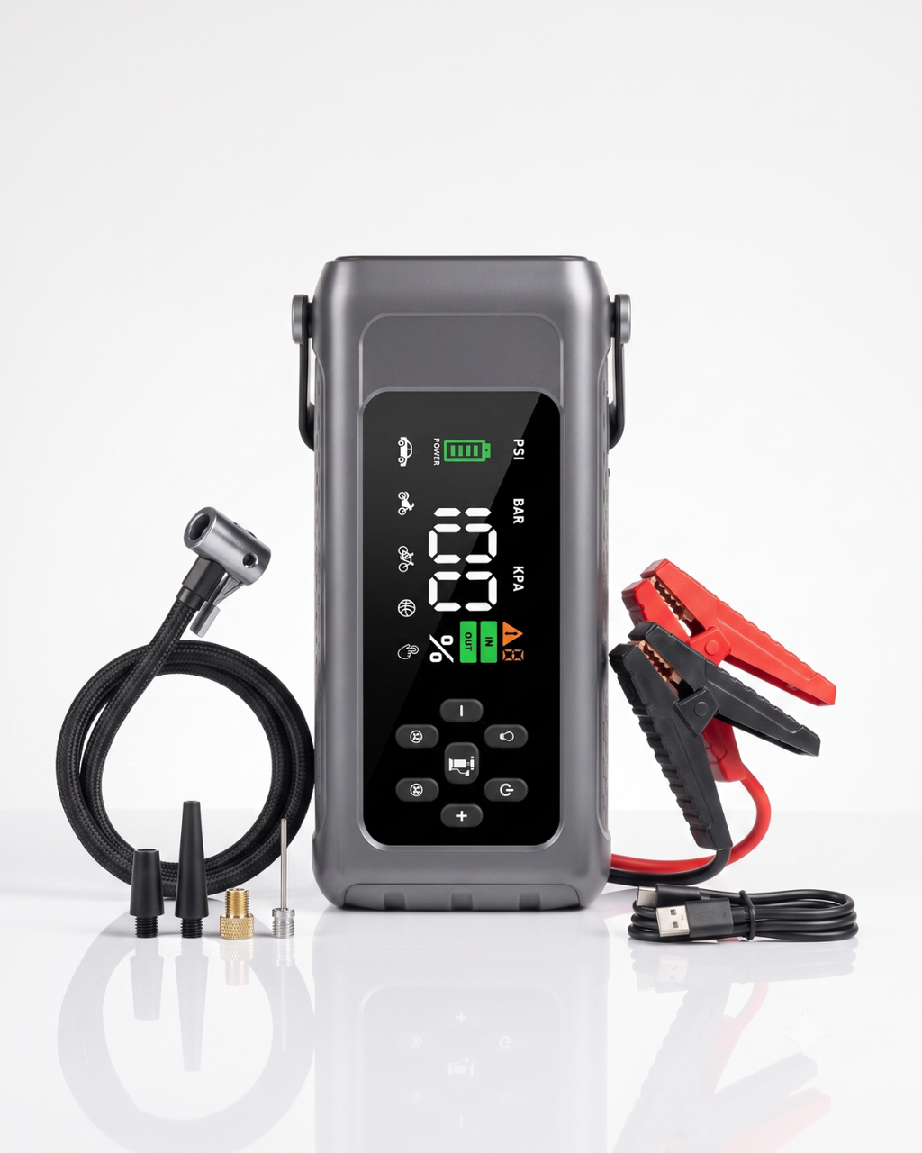 5-in-1 Portable Jump Starter, Air Compressor, Power Bank & LED Light