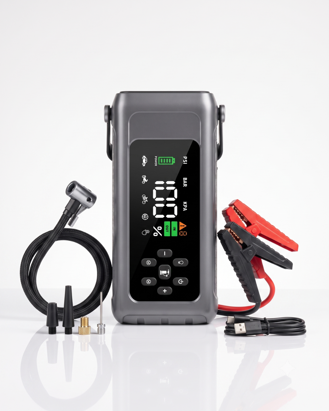 5-in-1 Portable Jump Starter – Jump Starter, Air Compressor, Power Bank & LED Light
