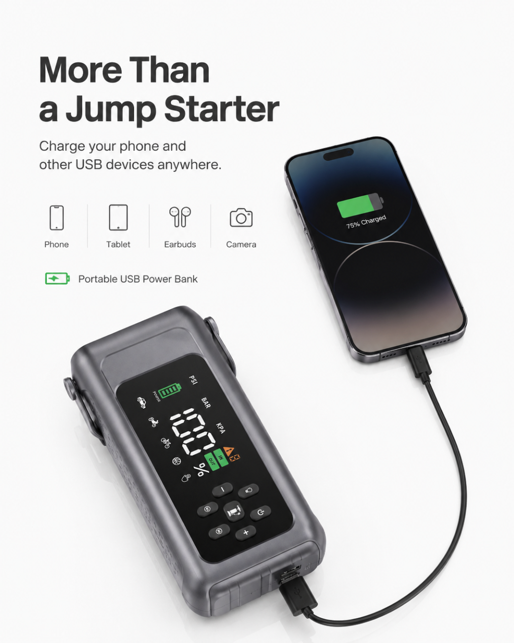 5-in-1 Portable Jump Starter, Air Compressor, Power Bank & LED Light