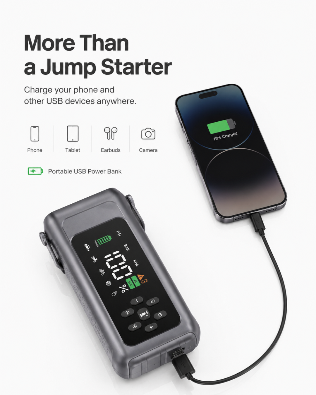 5-in-1 Portable Jump Starter – Jump Starter, Air Compressor, Power Bank & LED Light